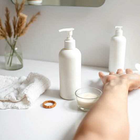 Body lotion bottle and creamy moisturizer beside a forearm with gentle dry-skin texture