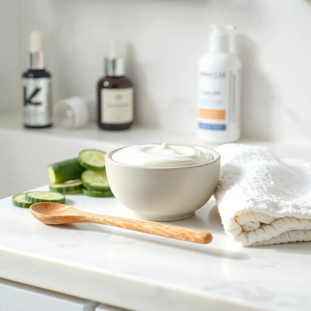 Smooth hydrating face mask in a bowl with a spatula on a bright vanity