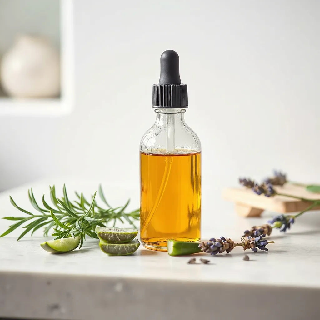 Glass bottle of pale plant extract with rosemary sprigs and aloe slices on a light stone surface