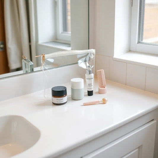 Neatly organized self-care travel items on a hotel bathroom counter with skincare and grooming essentials