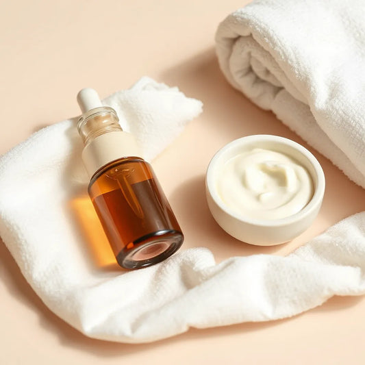 Natural skincare routine with moisturizer and a dropper beside glowing, makeup-free facial skin