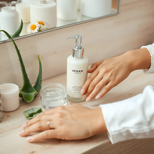 Vegan body lotion bottle with hand applying smooth lotion, beside aloe and chamomile on a light wood surface