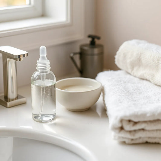 Hydrating serum dropper, moisturizer jar, and water droplets on a clean vanity