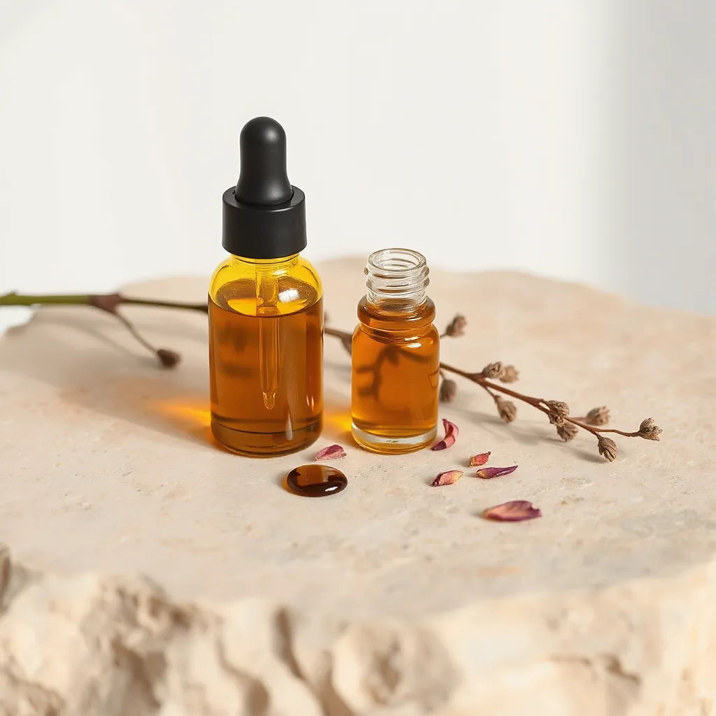 Glass dropper facial oil bottles with soft botanical accents on a clean stone surface