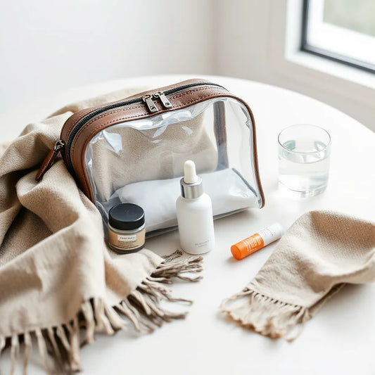 Travel skincare products arranged in a clear toiletry bag with moisturizer, cleanser, and lip balm