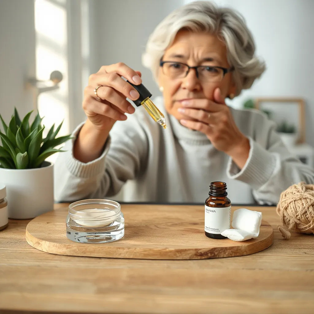 An older adult applies facial serum at a softly lit vanity with neatly arranged skincare bottles nearby