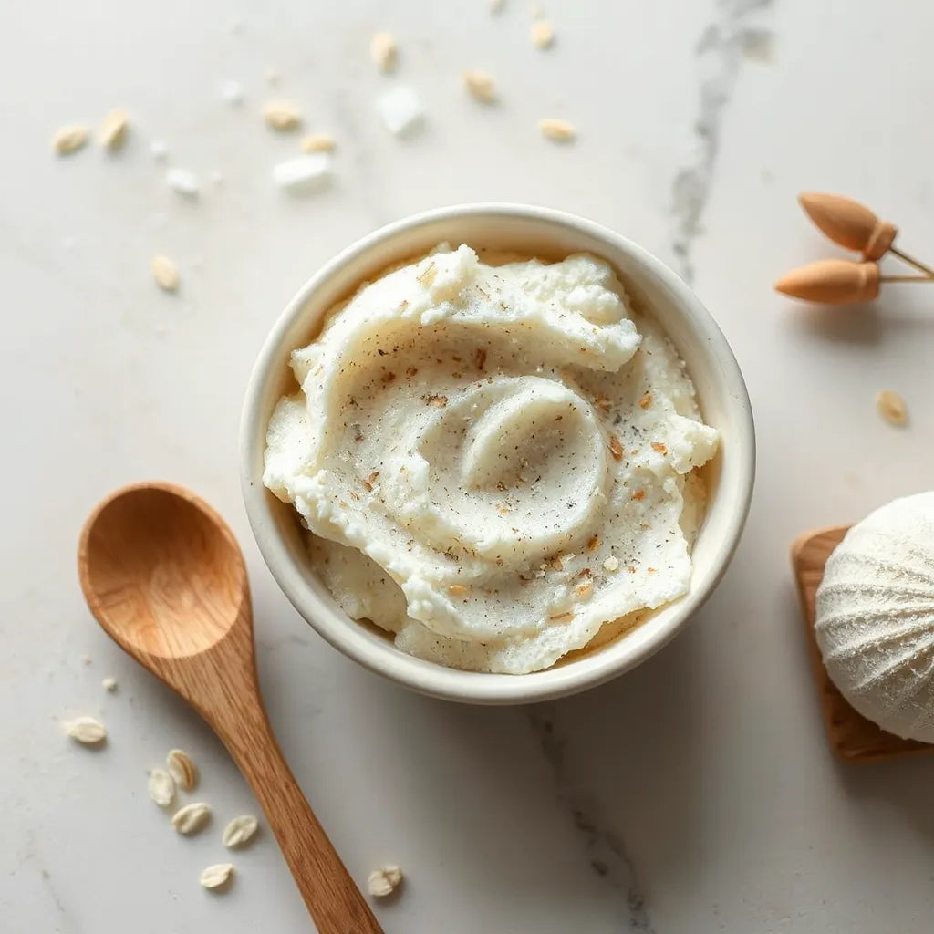 Gentle exfoliating scrub in a ceramic bowl with a wooden spoon on a clean stone surface