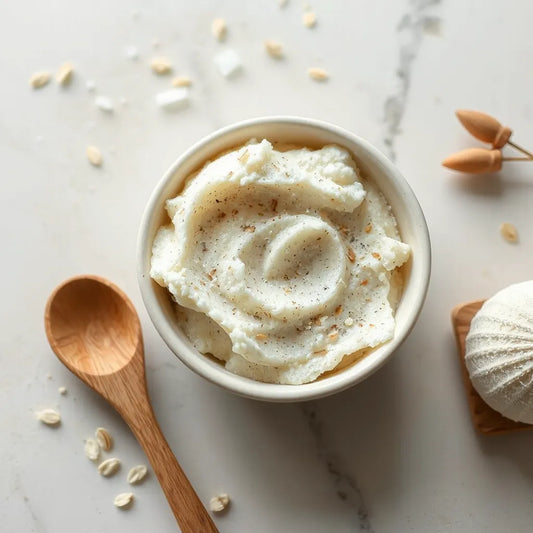Gentle exfoliating scrub in a ceramic bowl with a wooden spoon on a clean stone surface