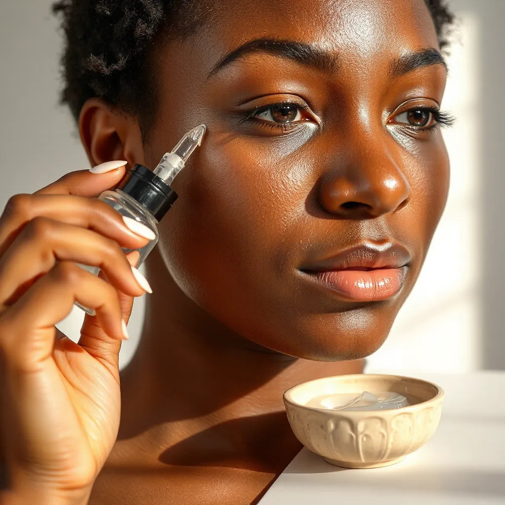 Deep brown skin applying a hydrating moisturizer with clear gel on a clean, neutral vanity