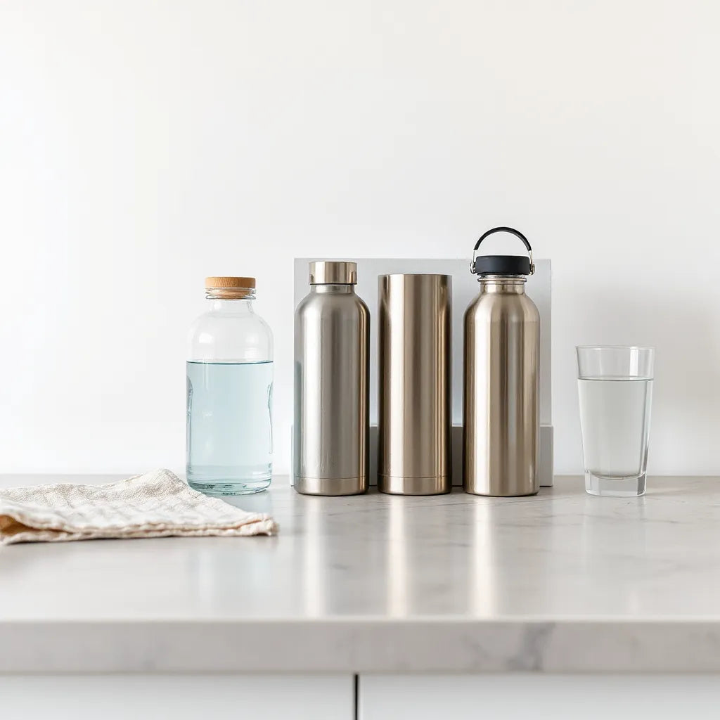 Reusable water bottles on a countertop with a glass of water and soft natural light