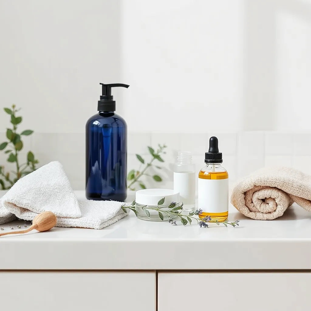 Skincare products and natural botanicals arranged on a clean bathroom vanity