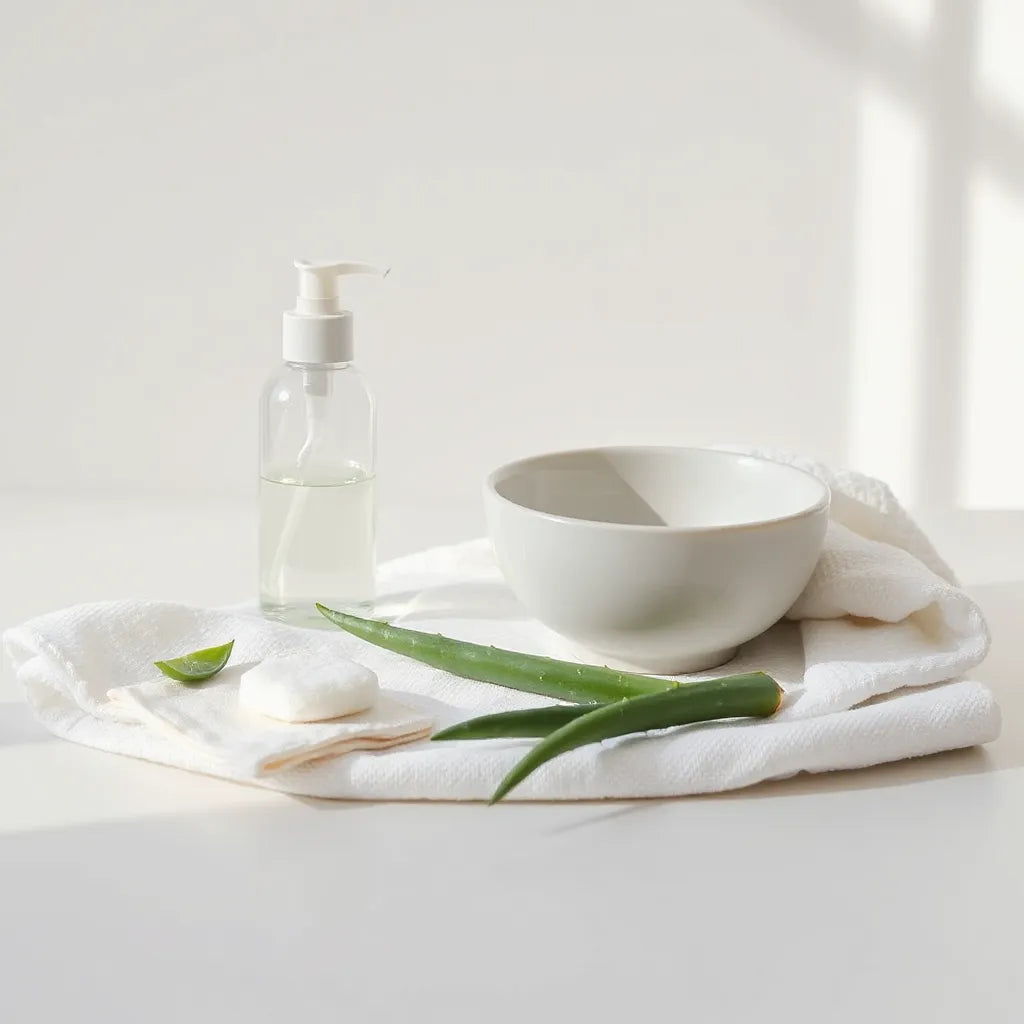 Gentle cleanser bottle, cotton pads, and aloe leaves on a light neutral surface