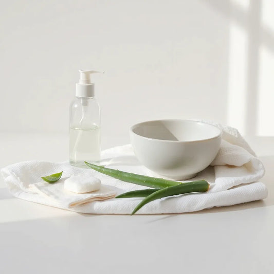 Gentle cleanser bottle, cotton pads, and aloe leaves on a light neutral surface