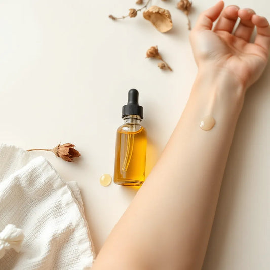 Glass bottle of hydrating body oil with a dropper beside a hand applying oil to an arm