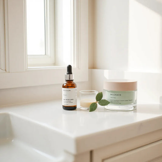 Minimal skincare products arranged on a clean vanity with soft daylight and neutral tones