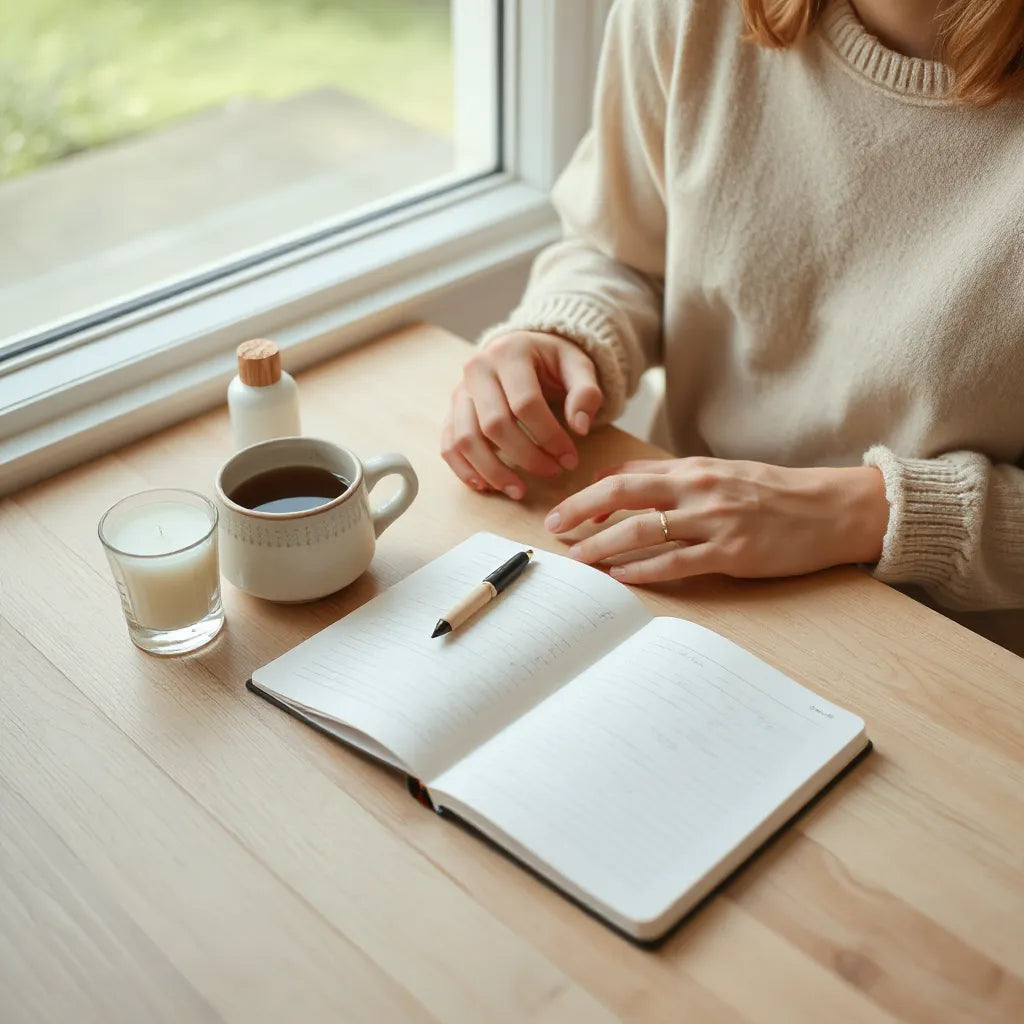 Calm journal and tea on a table with minimal skincare items in soft natural light