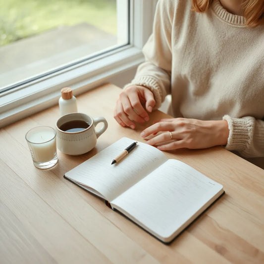 Calm journal and tea on a table with minimal skincare items in soft natural light
