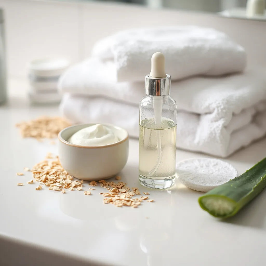 Serum dropper and gentle exfoliating cream beside aloe and oatmeal on a clean vanity