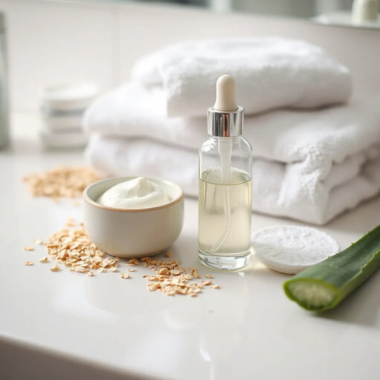 Serum dropper and gentle exfoliating cream beside aloe and oatmeal on a clean vanity