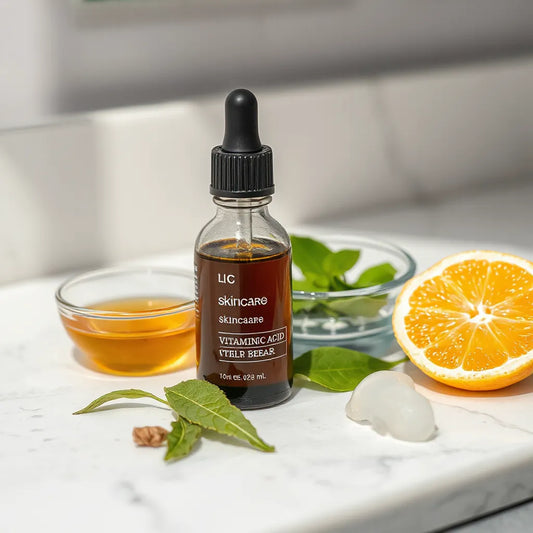 Serum dropper beside skincare ingredient elements on a clean, neutral vanity under soft natural light