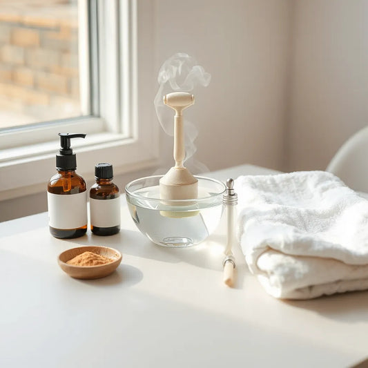 Minimal skincare ritual setup with face roller, dropper bottles, and warm steam under soft natural light
