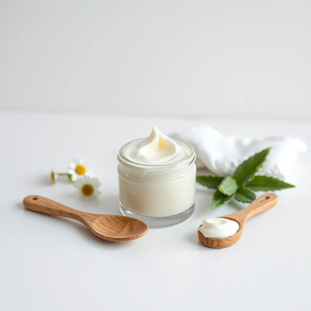 Natural face cream jar with botanical ingredients and a wooden spatula on a clean countertop