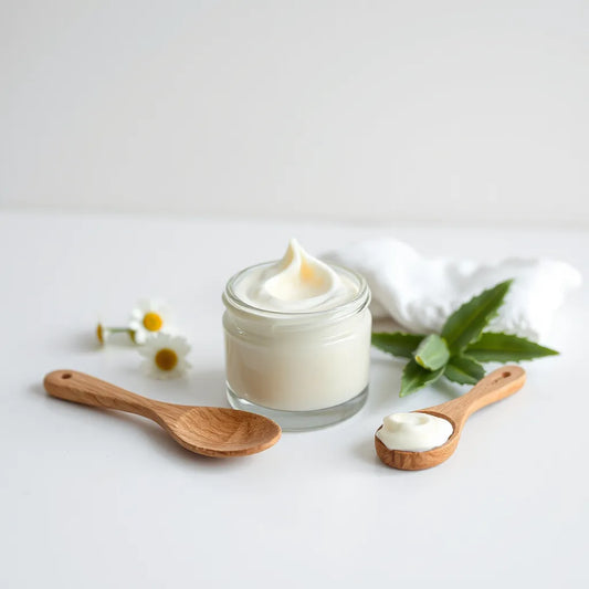 Natural face cream jar with botanical ingredients and a wooden spatula on a clean countertop