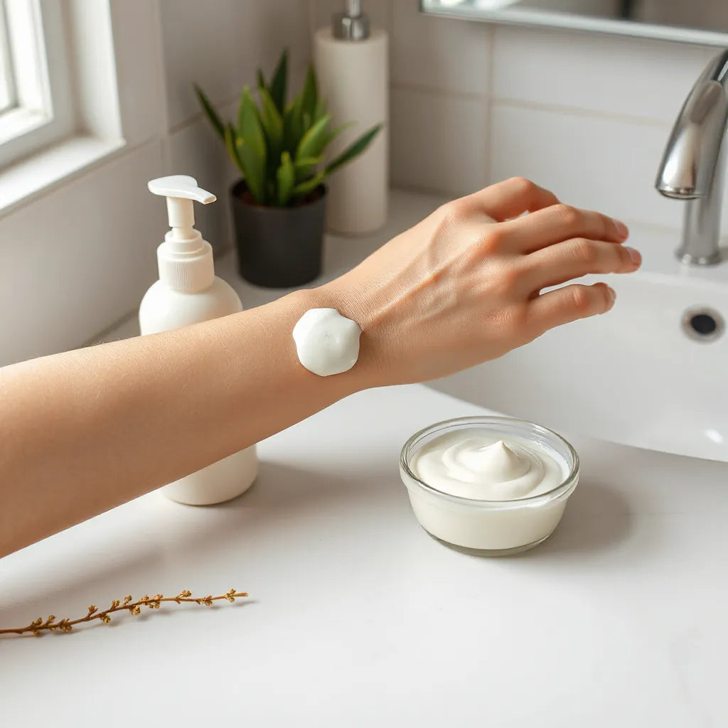 Hand gently applying creamy nourishing lotion to the forearm with a pump bottle on a clean countertop