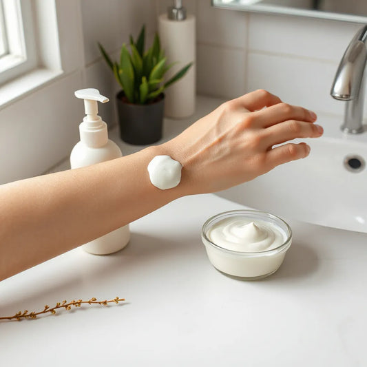 Hand gently applying creamy nourishing lotion to the forearm with a pump bottle on a clean countertop