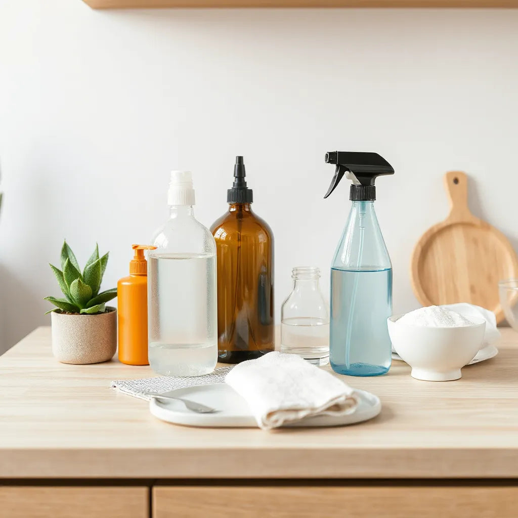Non-toxic cleaning bottles and cloth neatly arranged on a kitchen counter with natural daylight