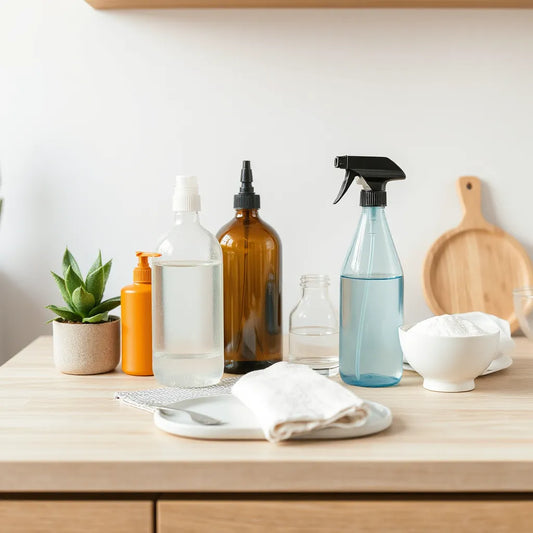 Non-toxic cleaning bottles and cloth neatly arranged on a kitchen counter with natural daylight
