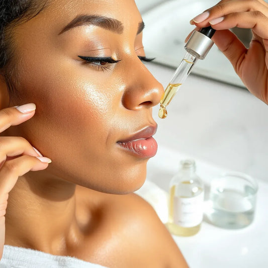 Person applying a hydrating serum to melanin-rich skin with a fresh dewy glow