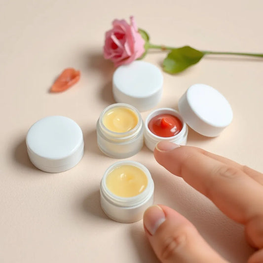 Hydrating lip balm containers with glossy balm swatches and soft lip-like sheen on a neutral background