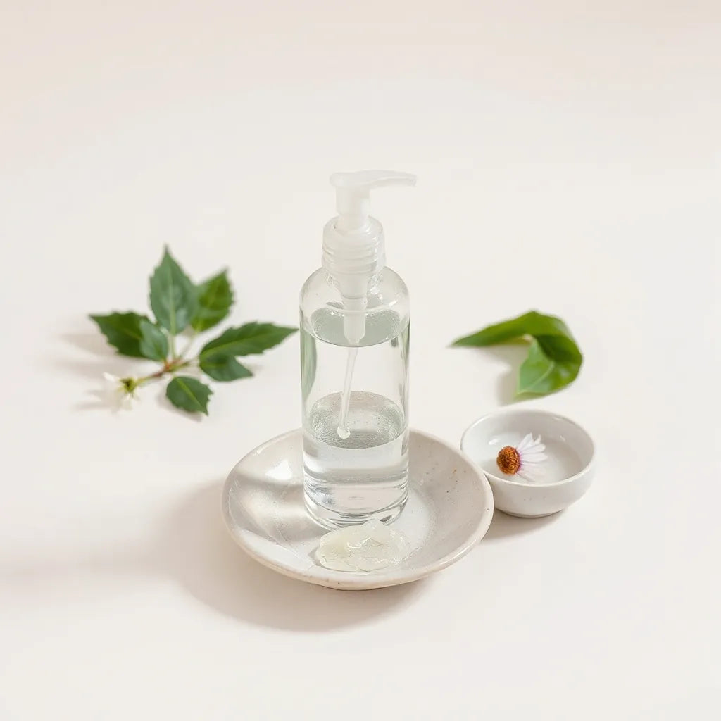 Minimal skincare setup with a cleanser pump bottle, soft gel texture, and calming natural ingredients