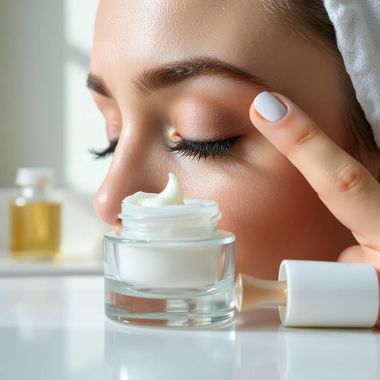 Small jar of hydrating eye cream being gently applied to the under-eye area on a calm face