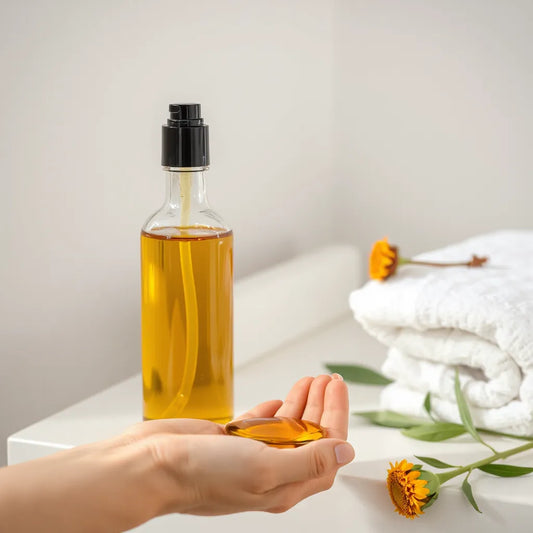 Amber body oil bottle beside a hand with a small drop of oil on soft towels