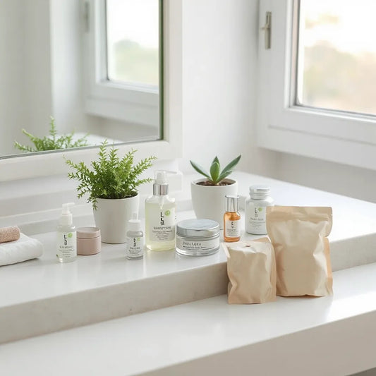 Minimal vanity with natural skincare products in recyclable containers and a small potted plant in soft daylight