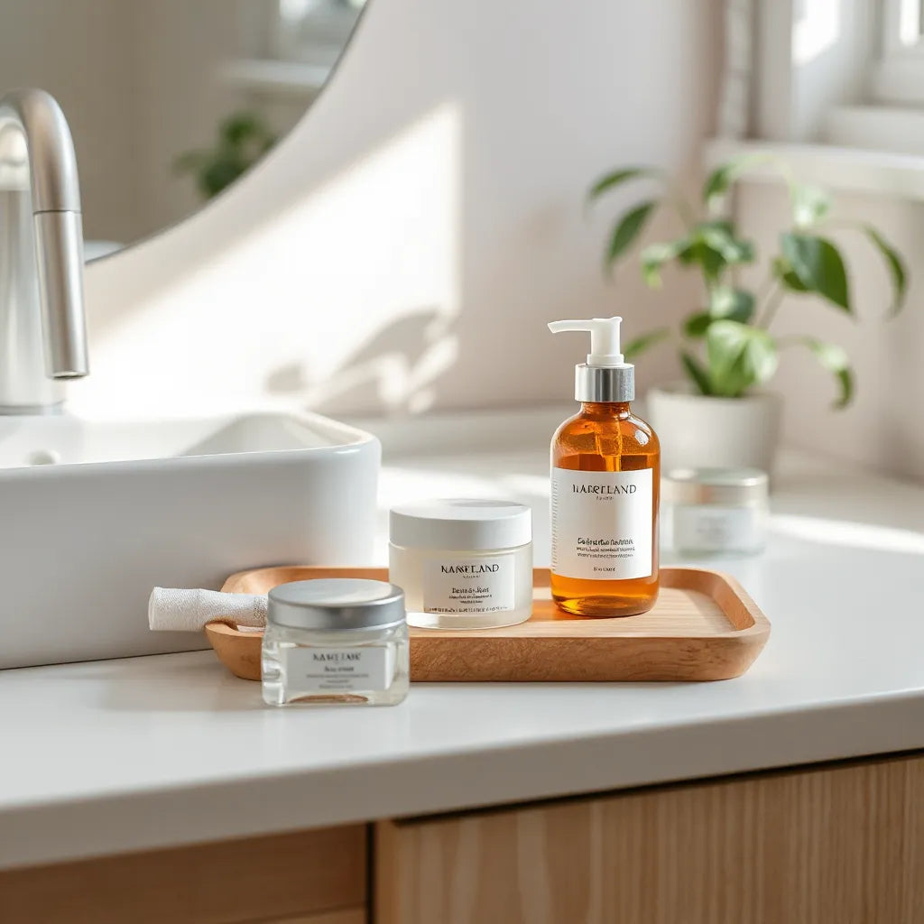 Minimal vanity with neatly arranged self-care bottles, jars, and skincare essentials in natural light