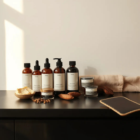 Curated skincare essentials and melanin-rich skin glow on a warm, minimalist vanity