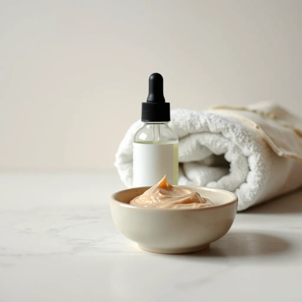 Soothing skincare products on a clean vanity with cream, serum dropper, and soft towel