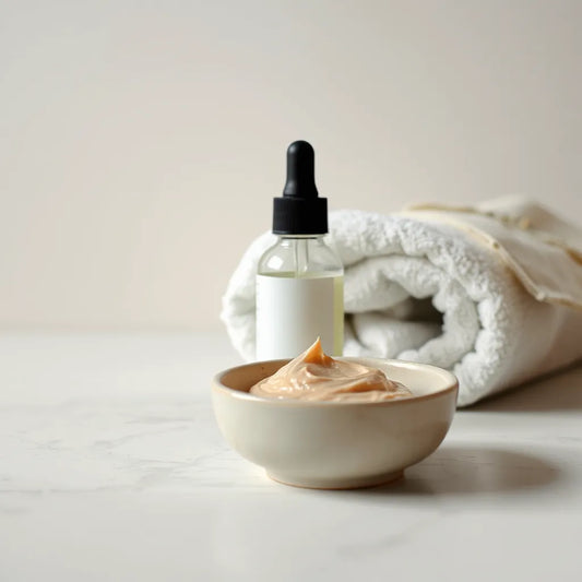 Soothing skincare products on a clean vanity with cream, serum dropper, and soft towel