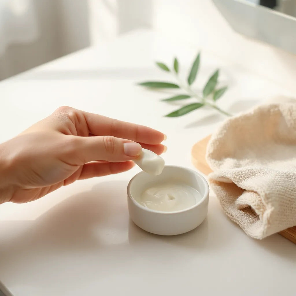 Hand applying moisturizing cream with a small dish on a clean countertop
