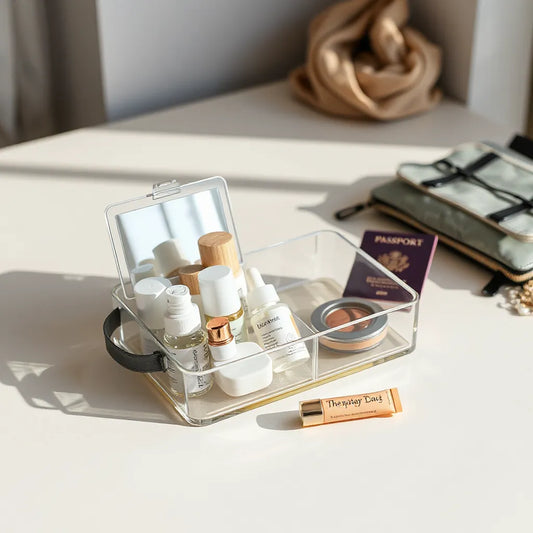 Neatly packed travel beauty products in a toiletry organizer on a light countertop
