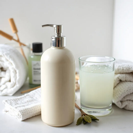 Pump bottle of moisturizing body wash with soft towels and water droplets for hydrated skin