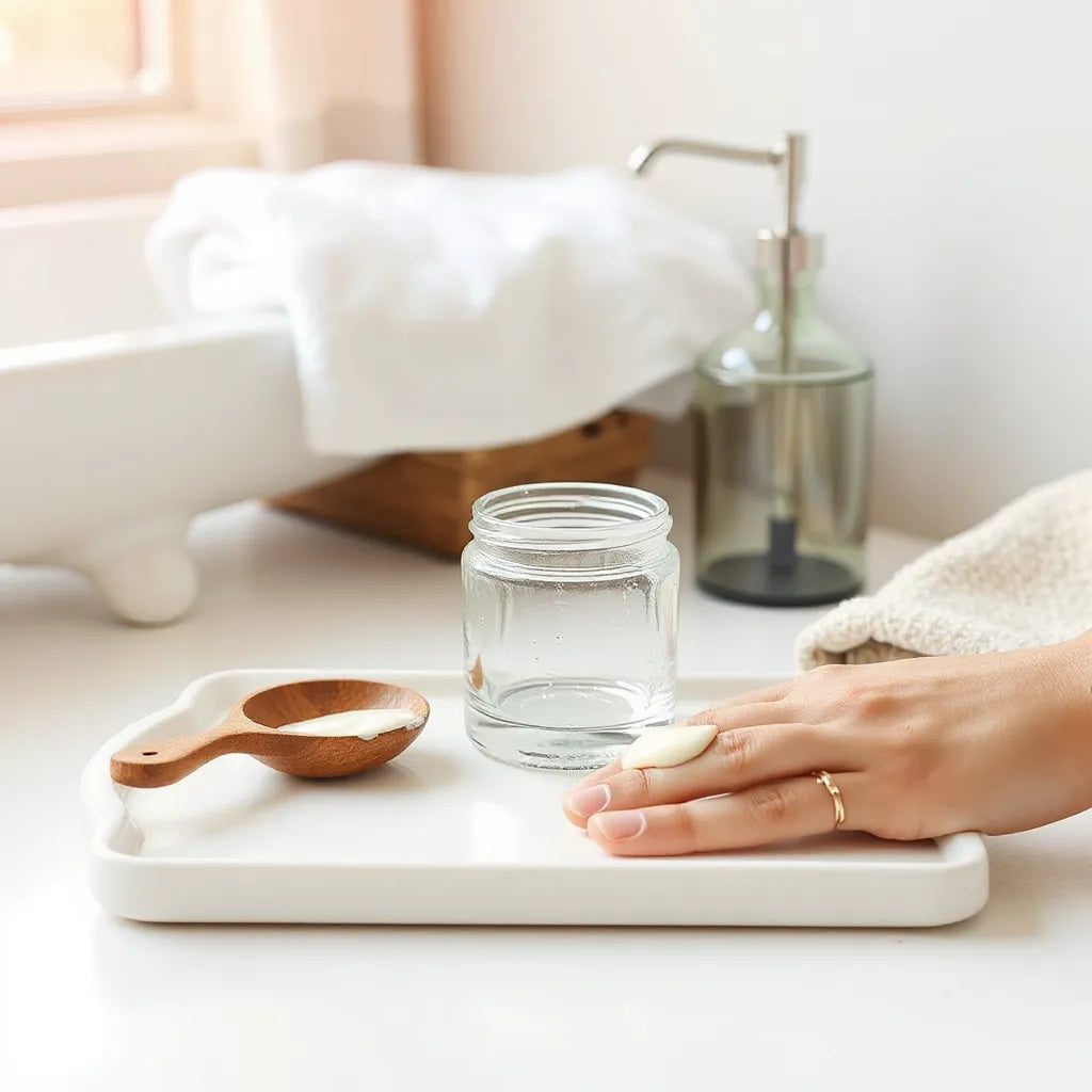 Creamy body treatment on fingertips with a skincare jar on a clean tray in soft natural light