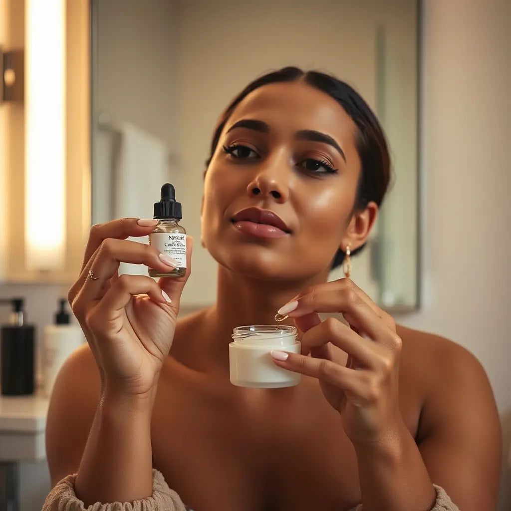 Diverse hands applying serum and cream to a face on a minimalist vanity