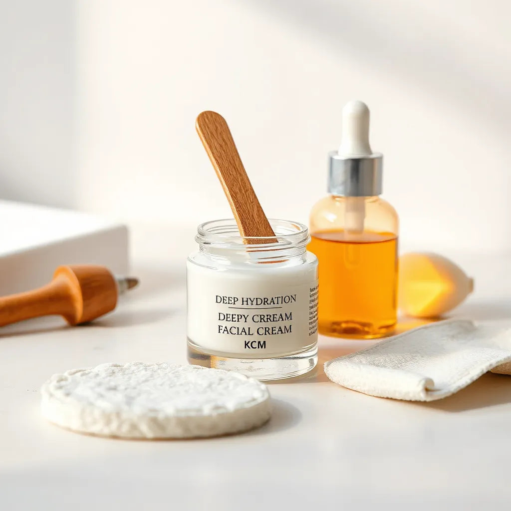 Jar of deep hydration facial cream with a wooden spatula on a clean vanity under warm light