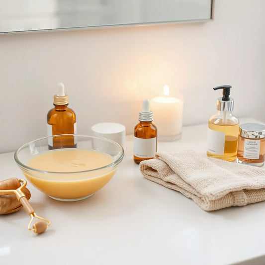 Softly lit vanity with skincare tools, a folded towel, and clear amber bottles for a luxe facial routine