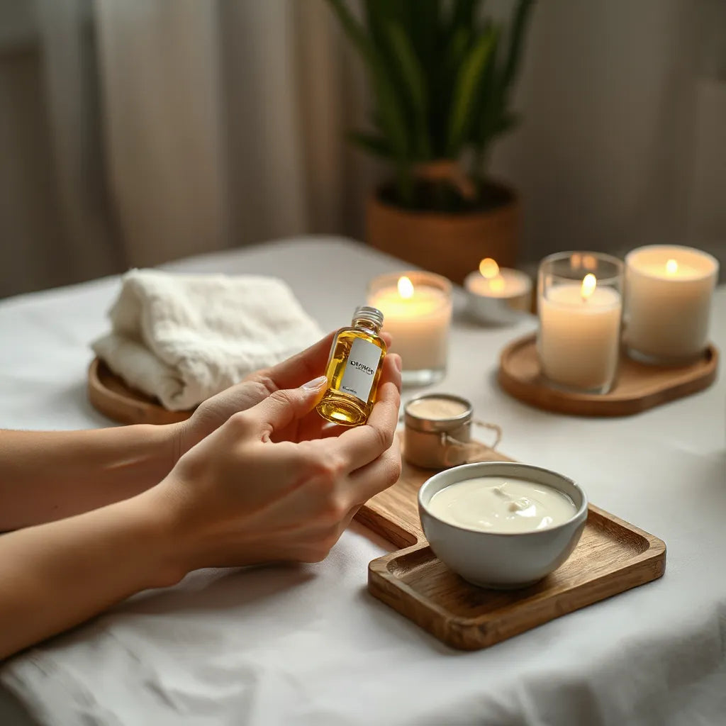 Hands applying facial serum at a tidy vanity with warm evening candlelight