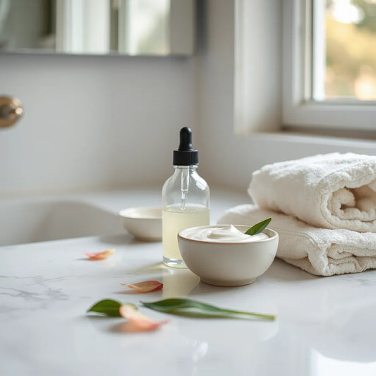 Skincare products and creamy moisturizer on a clean countertop under warm natural light